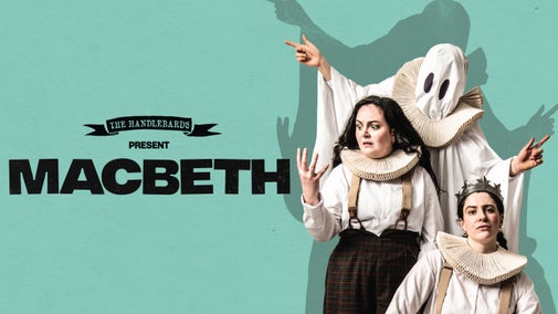 A photo of the 3 witches in Macbeth with a ghost in the background.